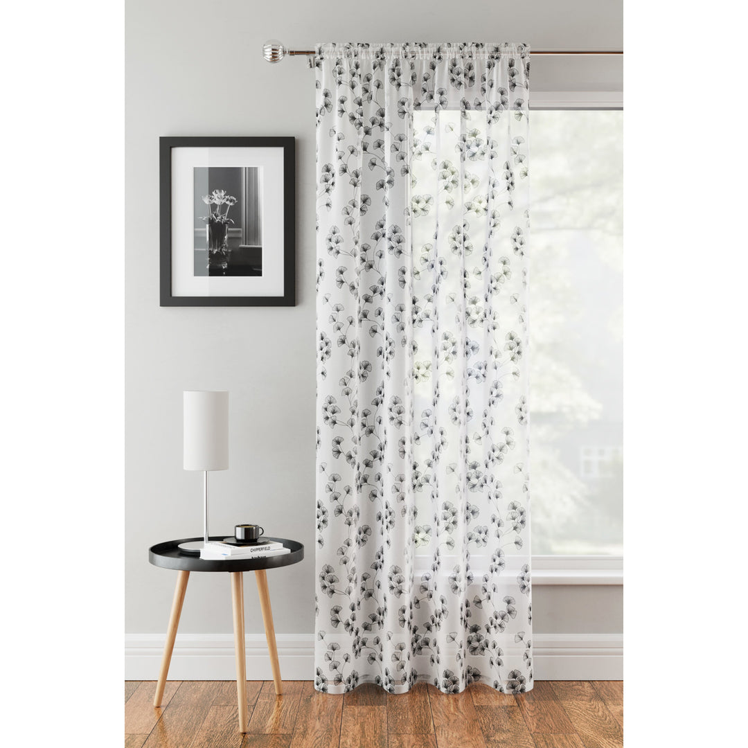 Delila Ready Made Voile Panel White with Black Gingko Leaf (Instore)