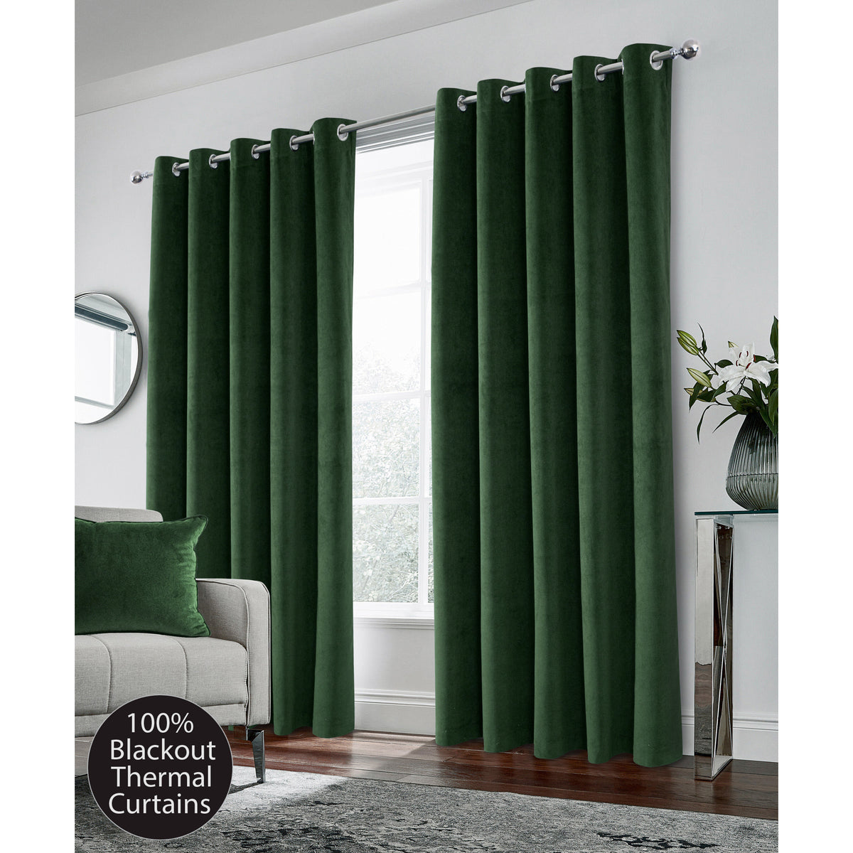 Hampton green velvet blackout eyelet curtains