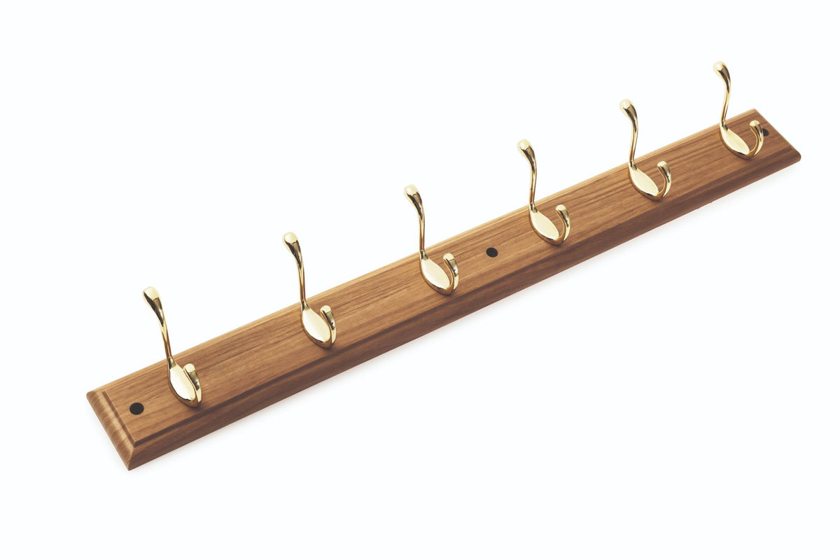 Salford pine wall rack with 6 brass hooks