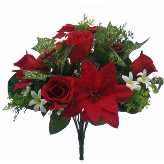 Mixed Poinsettia And  Rosebud Flower Bush Red