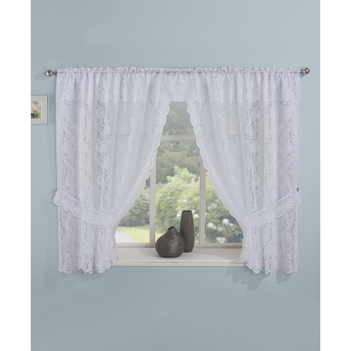 Kew white lace window set with tie backs
