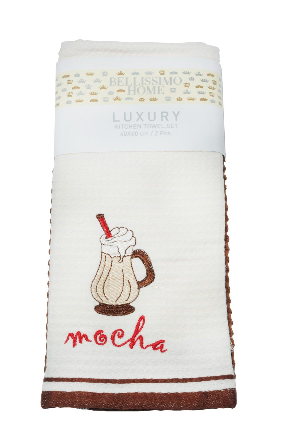 Bellissimo Pack of 2 Luxury Terry/Waffle Embroidered Tea Towels Mocha