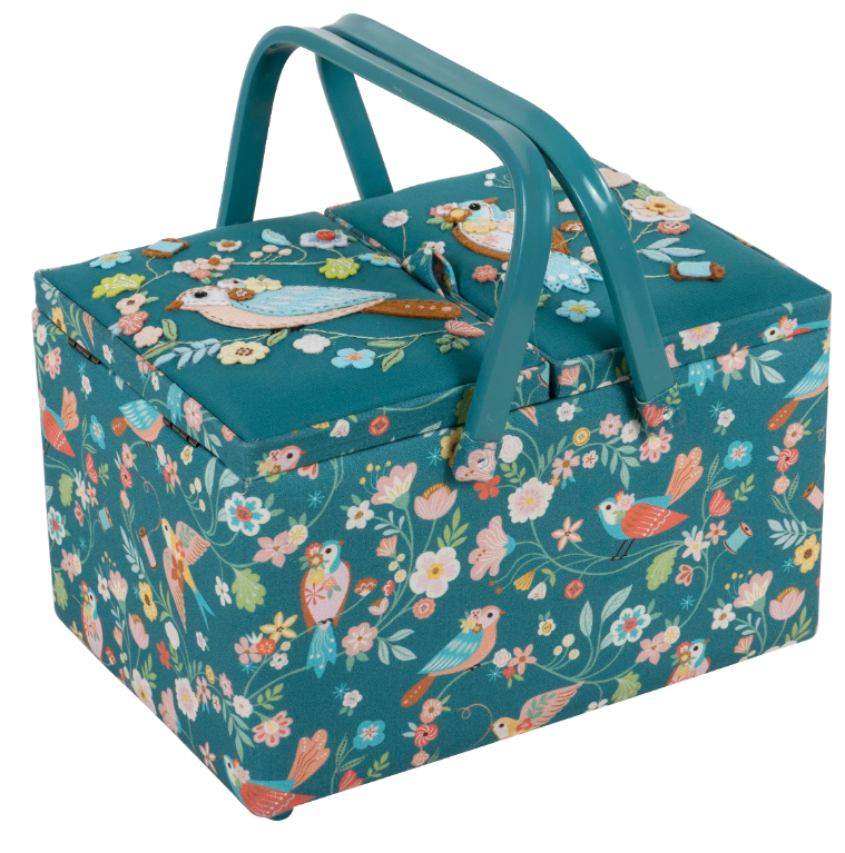 Sewing Box (L): Twin Lid: Appliqué: Bird Aviary