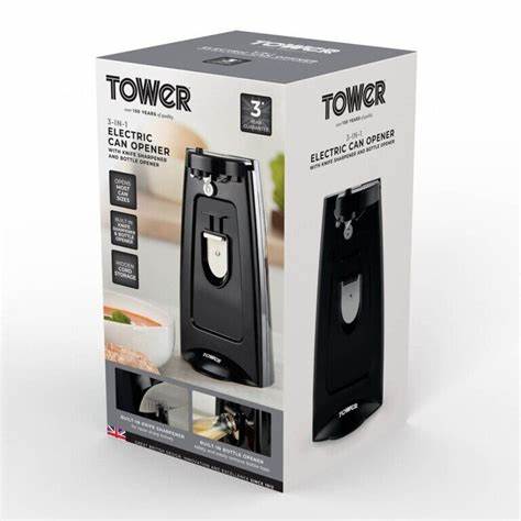 Tower 3-in-1 Electric Can Opener with Knife Sharpener & Bottle Opener, Black