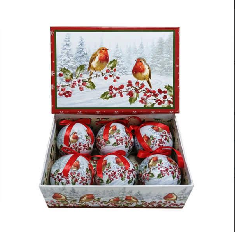 Set Of 6 X 7.5cm Decoupage Balls - Robins/Berries
