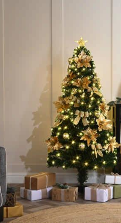 Gold Poinsettia And Bow Fibre Optic 90cm Artificial Xmas Tree PR90