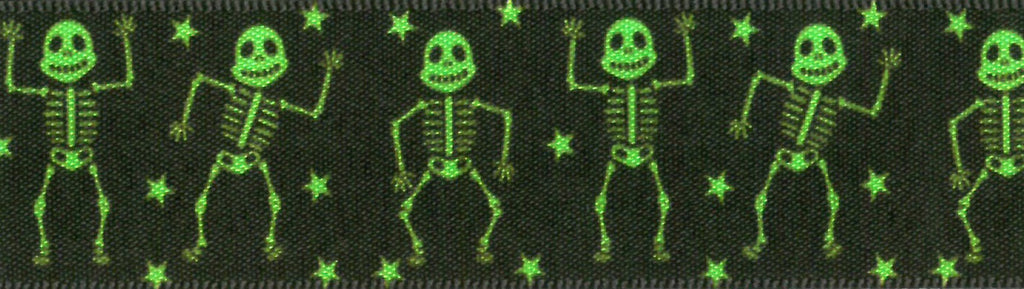 Ribbon: Dancing Skeleton: 25mm: Green - Sold By The Metre