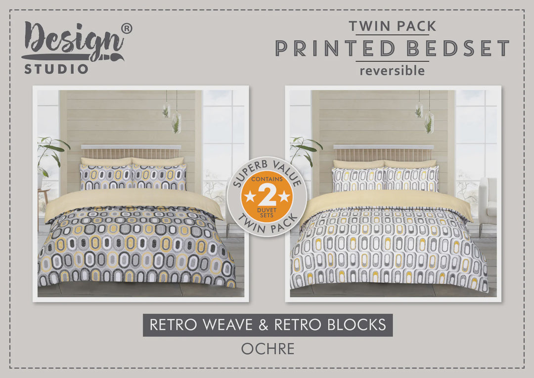 Retro Weave & Blocks Duvet Cover Set Double Ochre TWIN PACK