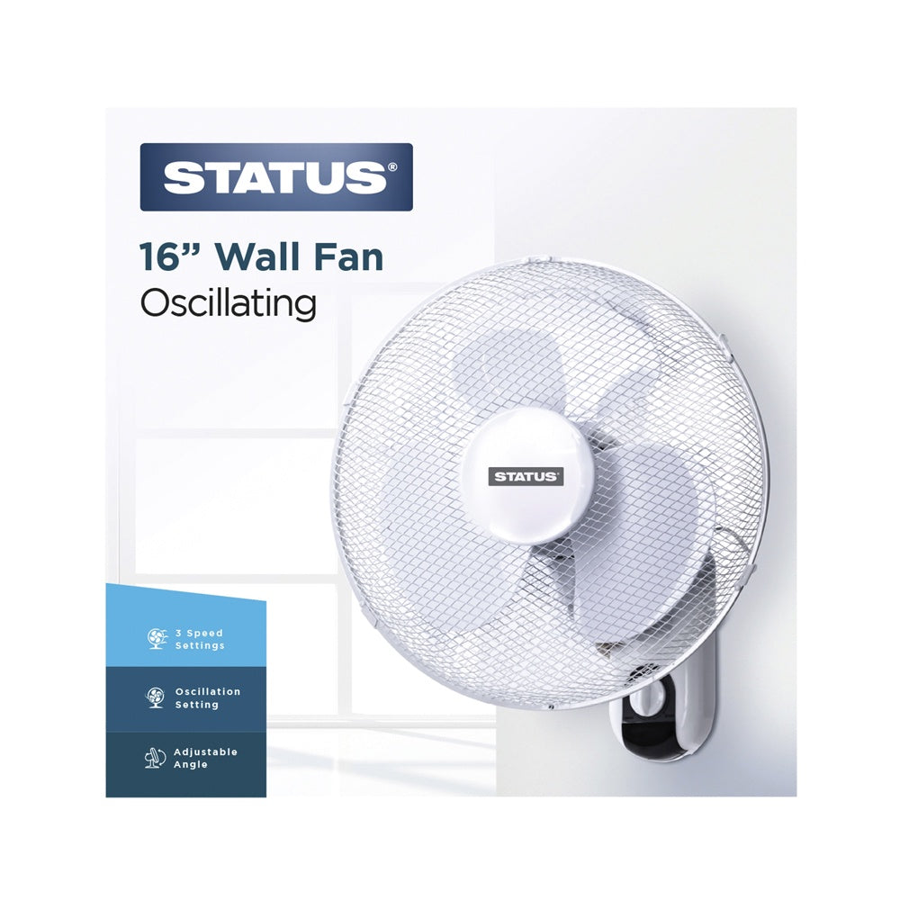 Status 16" White Wall Fan - Pull Cord - Oscillating - 3 Speed Settings -
