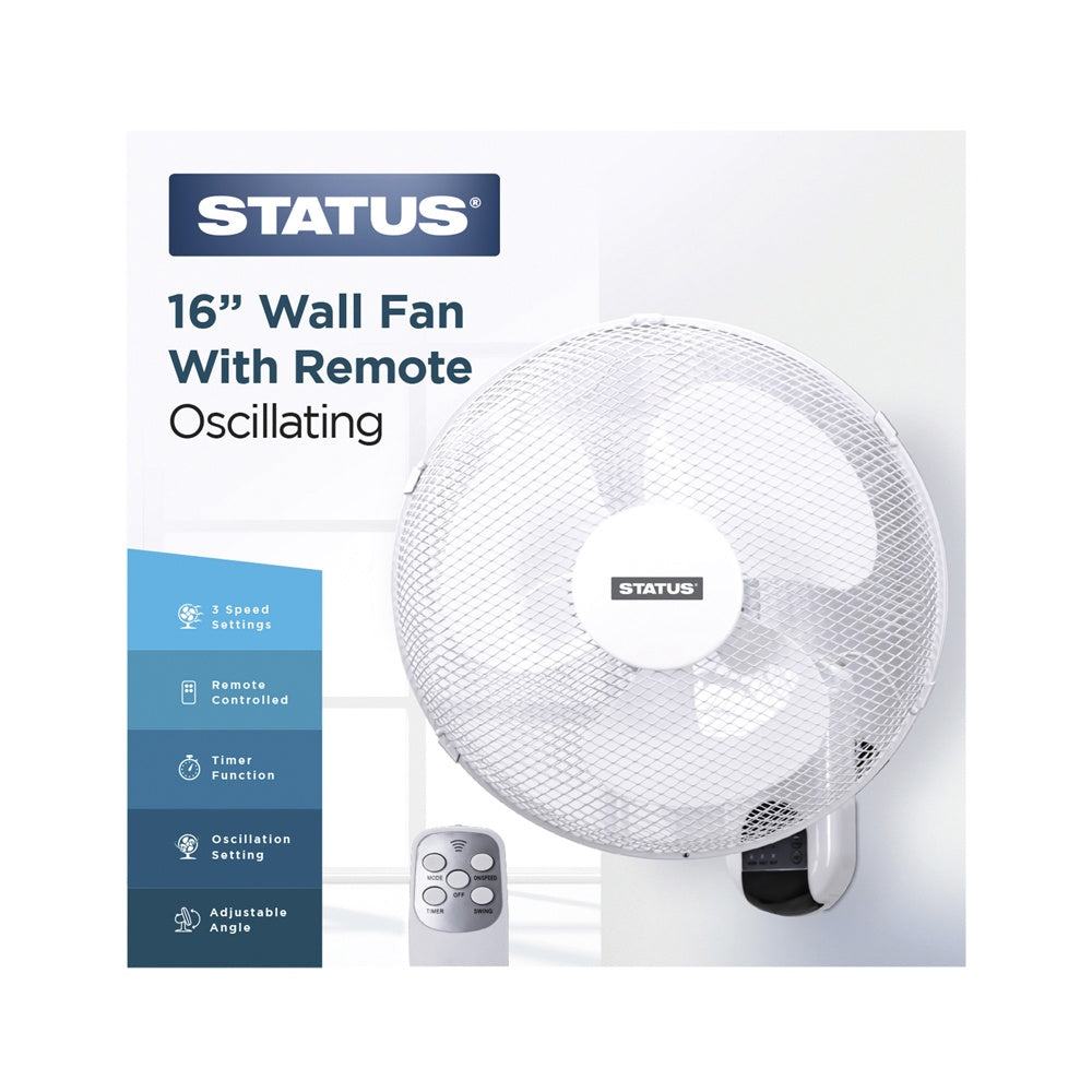 Status 16" White Wall Fan - Remote Control - Oscillating - 3 Speed Settings