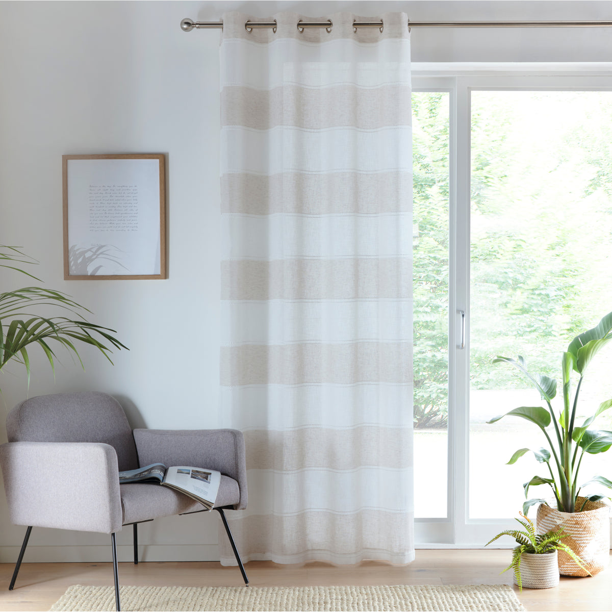 Santorini natural striped linen look voile panel