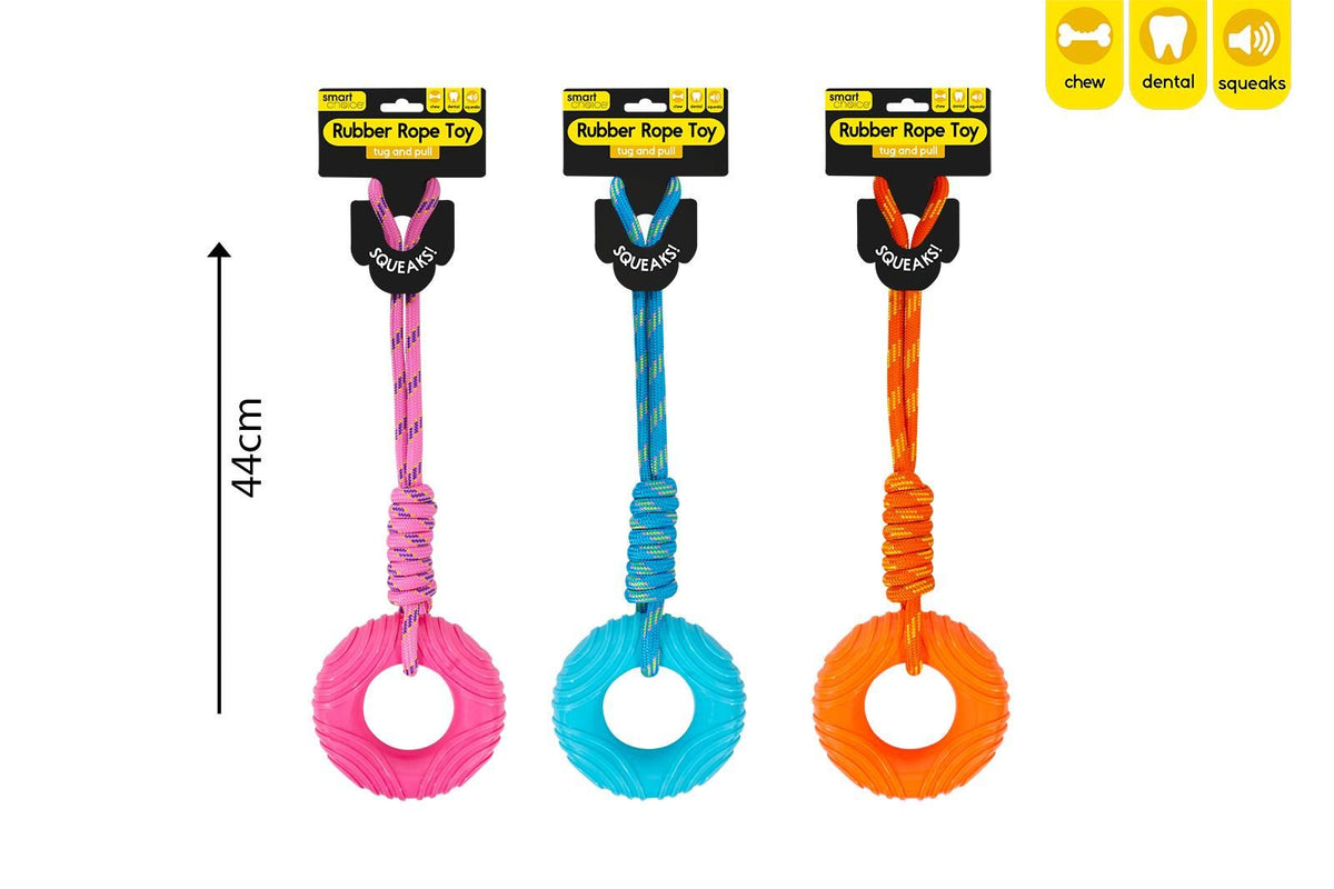 Squeaky rubber ring and rope dog toy