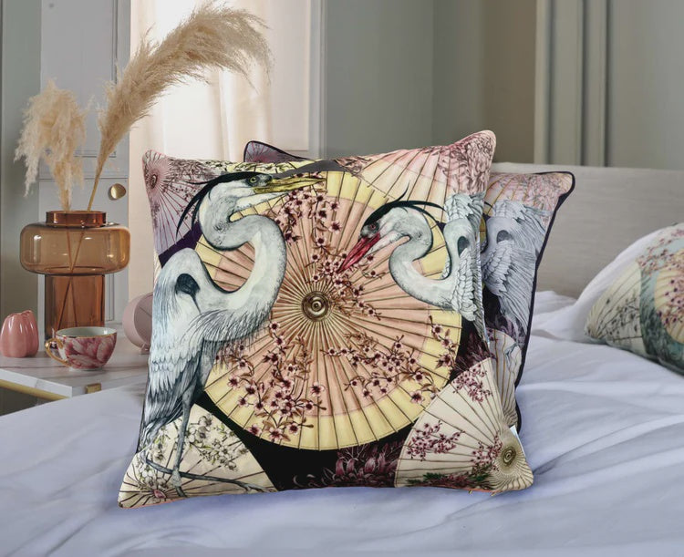 House Of Norris Sakura Sunshade Japanese Parasoles, Crane Birds and Japanese Blossom Cushion 50X50CM