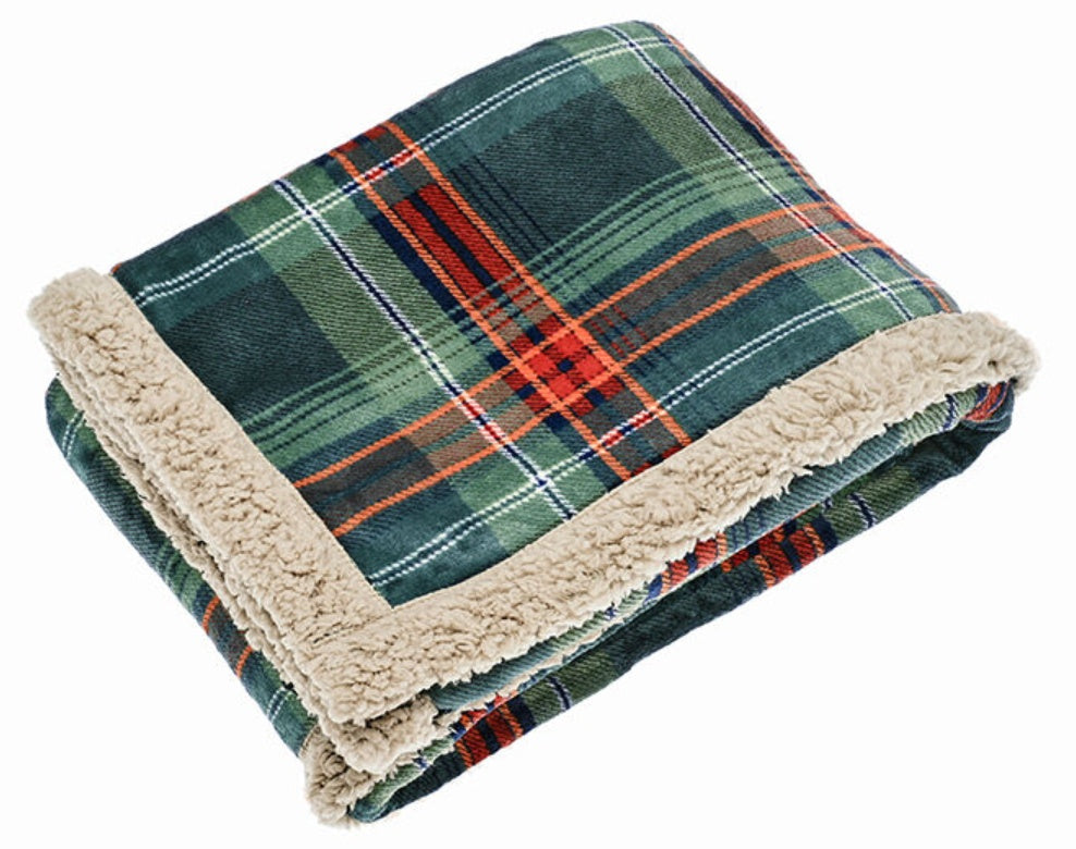Green check sherpa flannel throw
