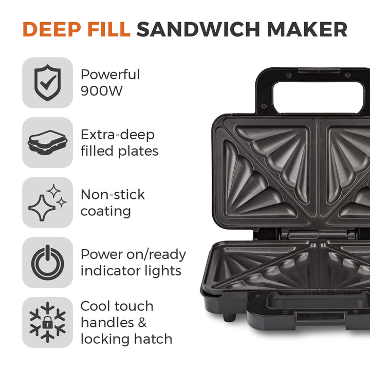 Tower 900W Deep Filled Sandwich Maker Stainless Steel T27031