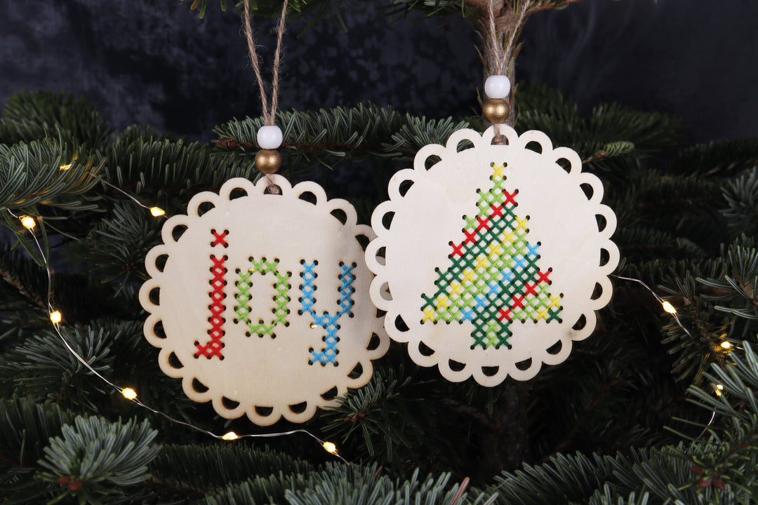 Cross Stitch: Pre-punched Wooden Shape: Joy & Tree