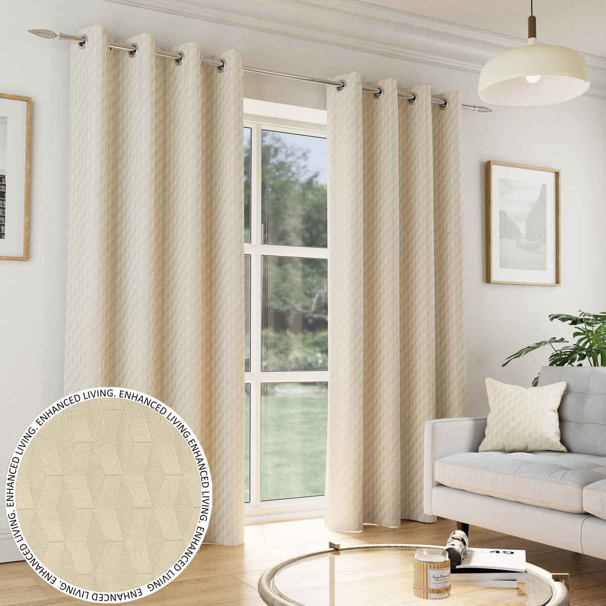 Tokyo cream embossed velvet eyelet curtains