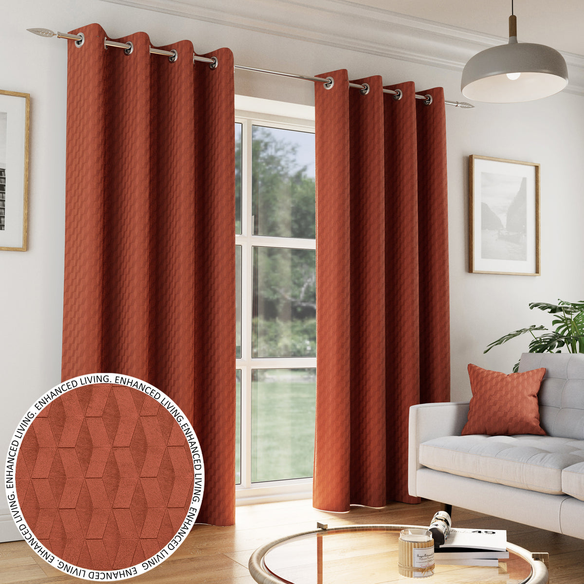 Tokyo orange embossed velvet eyelet curtains