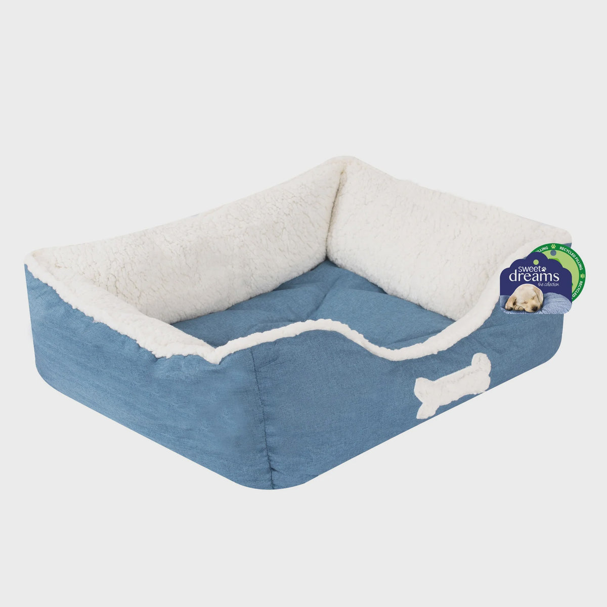 Small blue linen pet bed with fleece lining