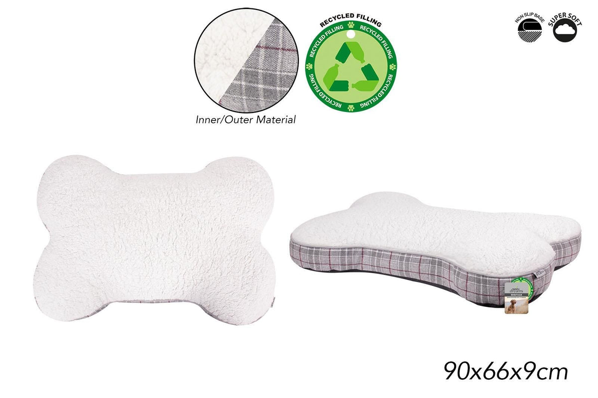 Grey plaid bone-shaped dog bed cushion