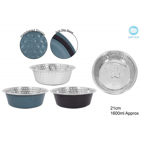 Hammered stainless steel dog bowl with embossed paw