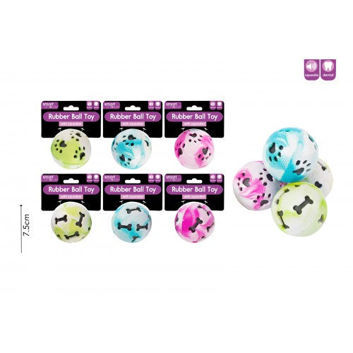 Squeaky rubber dog ball with bone and paw detail