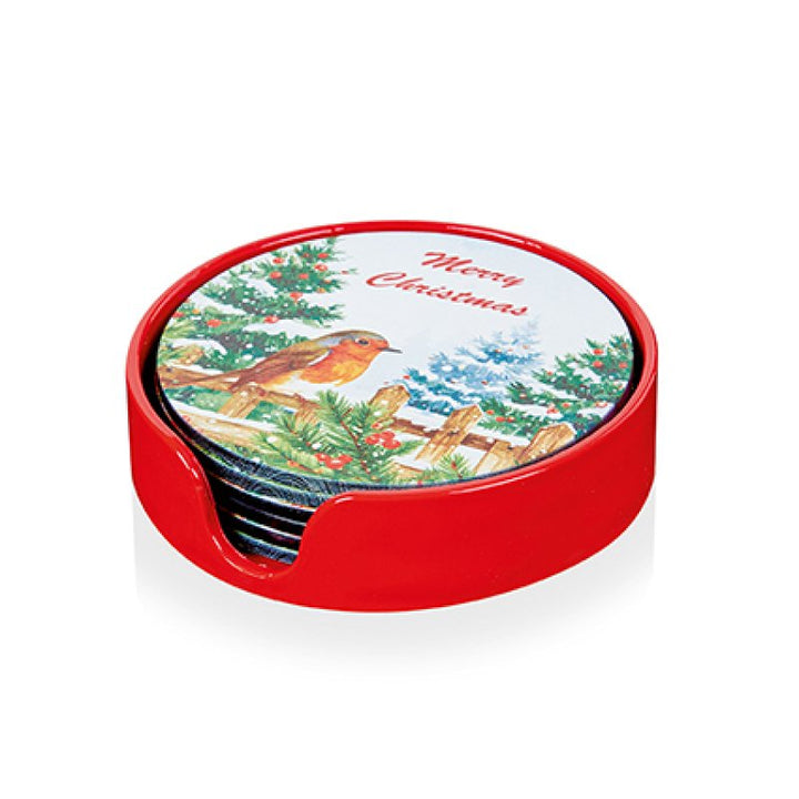 Premier 6pc Merry Christmas Robin Coasters with Holder 11.5cm