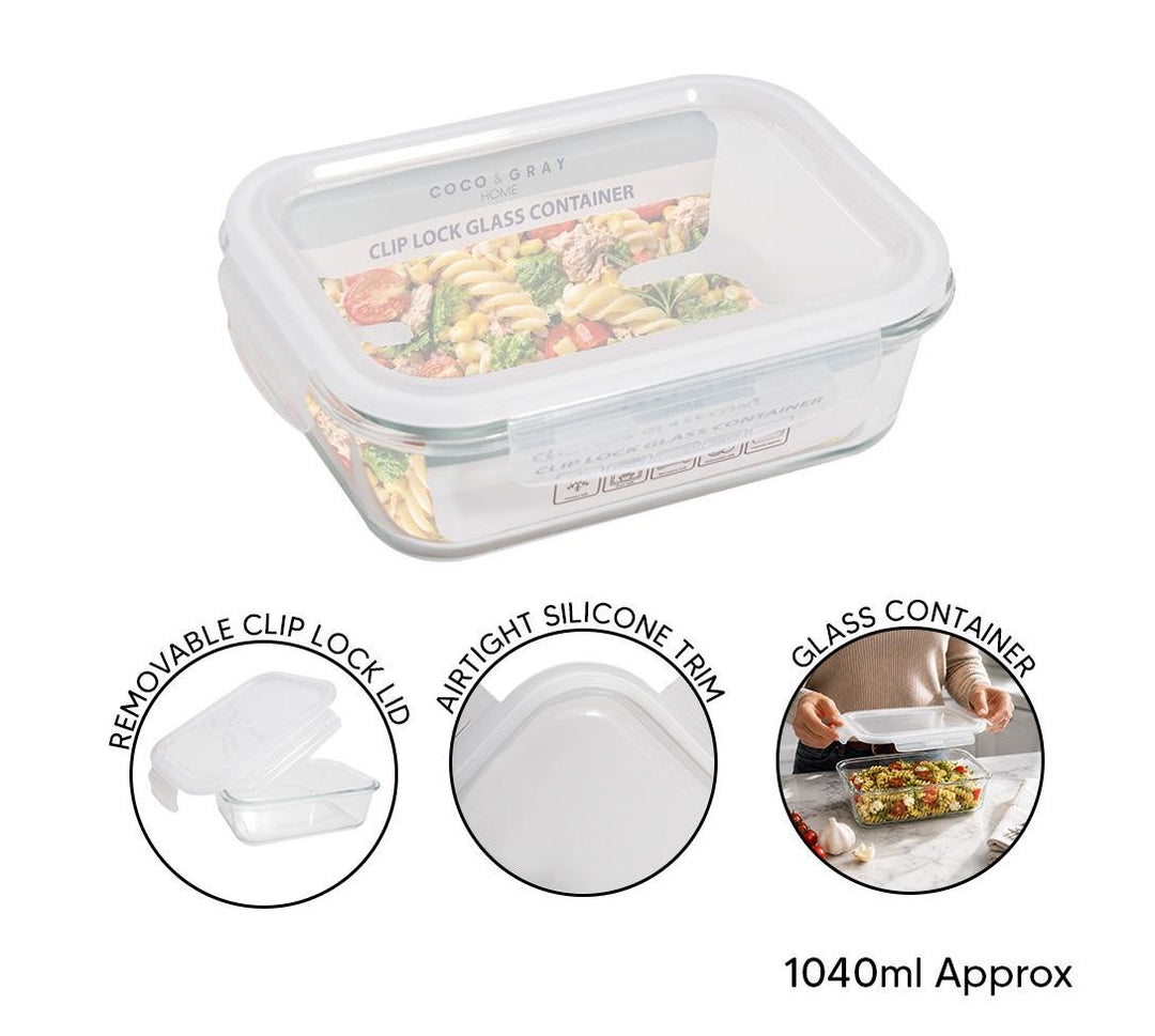 Large Clip Lock Glass Food Container 1040ml