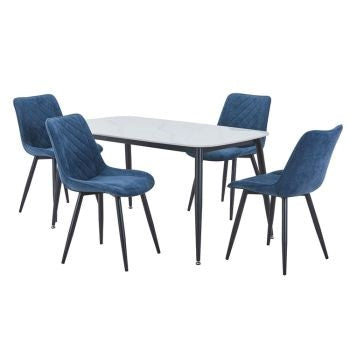 Aspen - Gloss White Sintered Stone Rectangular Table & 4 Diamond Stitch Blue Cord Fabric Chairs (Self Assembly) (DHD) Image 1