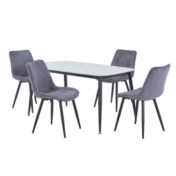 Aspen - Gloss White Sintered Stone Rectangular Table & 4 Diamond Stitch Grey Fabric Chairs (Self Assembly) (DHD) Image 1