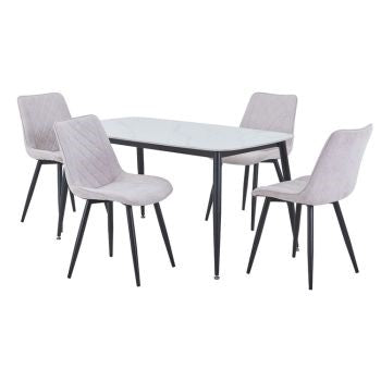 Aspen - Gloss White Sintered Stone Rectangular Table & 4 Diamond Stitch Natural Fabric Chairs (Self Assembly) (DHD) Image 1