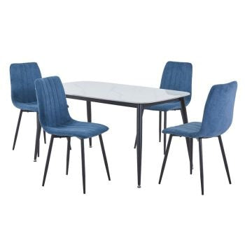 Aspen - Gloss White Sintered Stone Rectangular Table & 4 Straight Stitch Blue Cord Chairs (Self Assembly) (DHD) Image 1