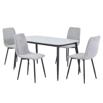 Aspen - Gloss White Sintered Stone Rectangular Table & 4 Straight Stitch Light Grey Cord Chairs (Self Assembly) (DHD) Image 1