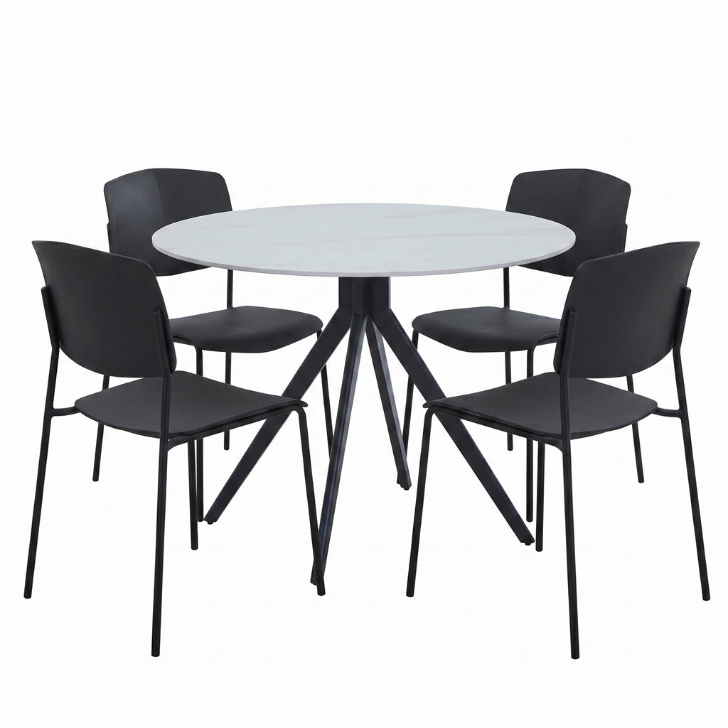 Aspen - Gloss White Sintered Stone Round Table & 4 Academy Black Chairs (Self Assembly) (DHD) Image 1