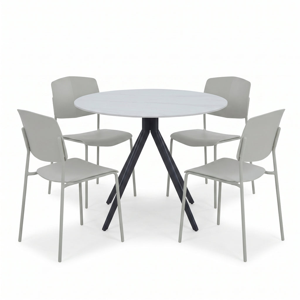 Aspen - Gloss White Sintered Stone Round Table & 4 Academy Light Grey Chairs (Self Assembly) (DHD) Image 1
