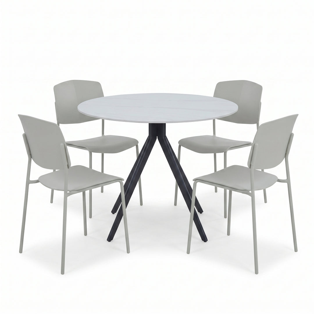 Aspen - Gloss White Sintered Stone Round Table & 4 Academy Light Grey Chairs (Self Assembly) (DHD) Image 1