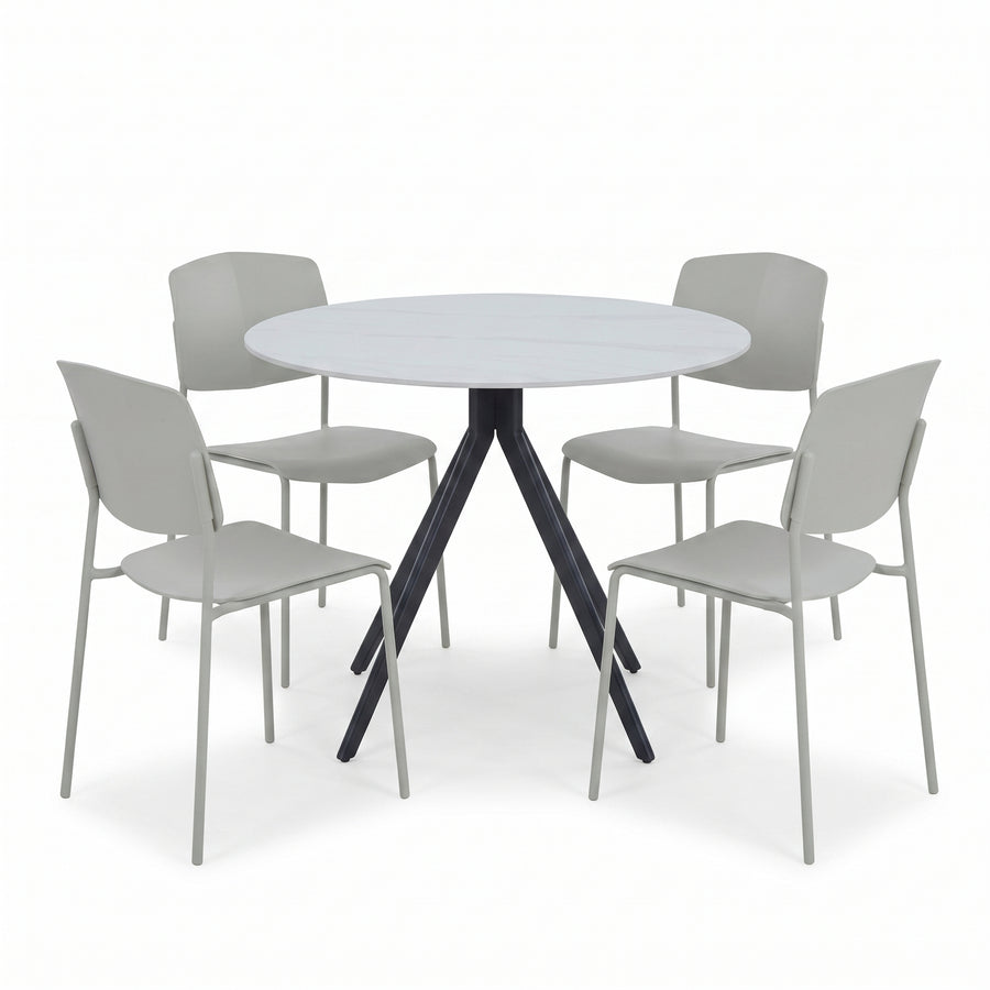 Aspen - Gloss White Sintered Stone Round Table & 4 Academy Light Grey Chairs (Self Assembly) (DHD) Image 1