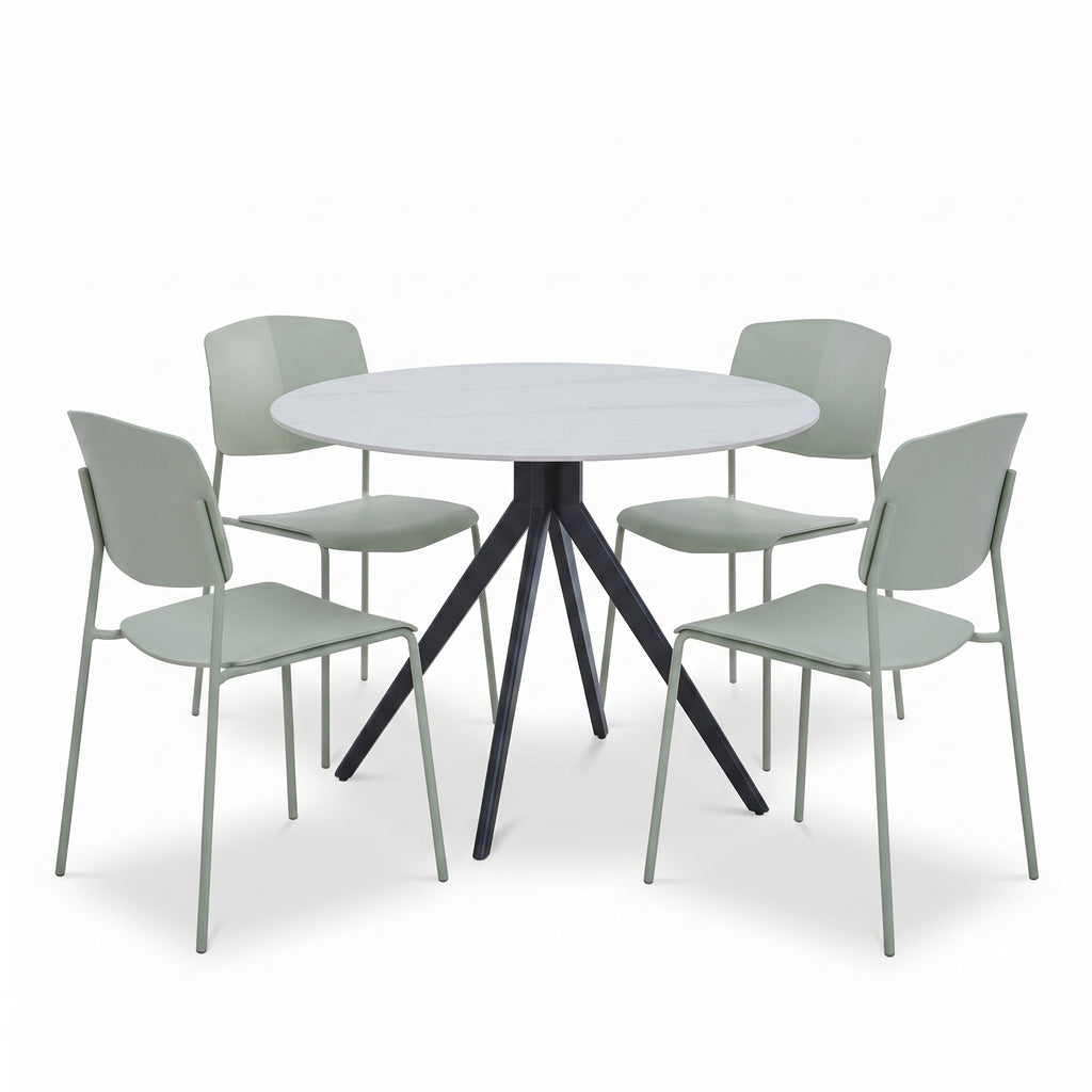 Aspen - Gloss White Sintered Stone Round Table & 4 Academy Sage Green Chairs (Self Assembly) (DHD) Image 1