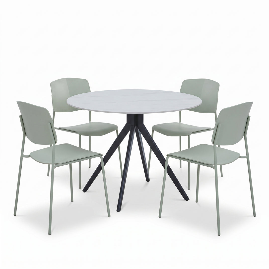Aspen - Gloss White Sintered Stone Round Table & 4 Academy Sage Green Chairs (Self Assembly) (DHD) Image 1