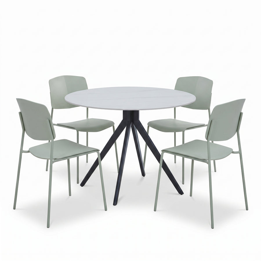 Aspen - Gloss White Sintered Stone Round Table & 4 Academy Sage Green Chairs (Self Assembly) (DHD) Image 1
