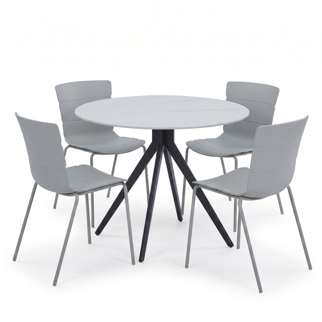 Aspen - Gloss White Sintered Stone Round Table & 4 Bali Light Grey Chairs (Self Assembly) (DHD) Image 1