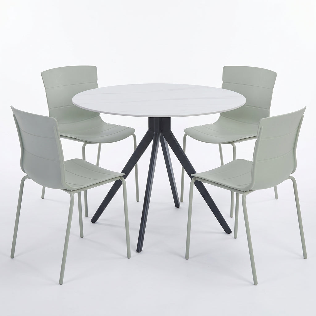 Aspen - Gloss White Sintered Stone Round Table & 4 Bali Sage Green Chairs (Self Assembly) (DHD) Image 1
