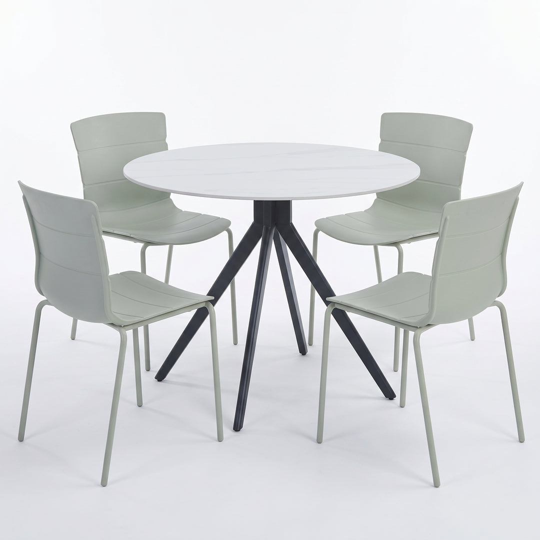 Aspen - Gloss White Sintered Stone Round Table & 4 Bali Sage Green Chairs (Self Assembly) (DHD) Image 1