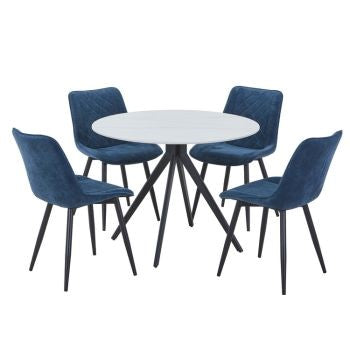 Aspen - Gloss White Sintered Stone Round Table & 4 Blue Cord Fabric Chair Set (Self Assembly) (DHD) Image 1
