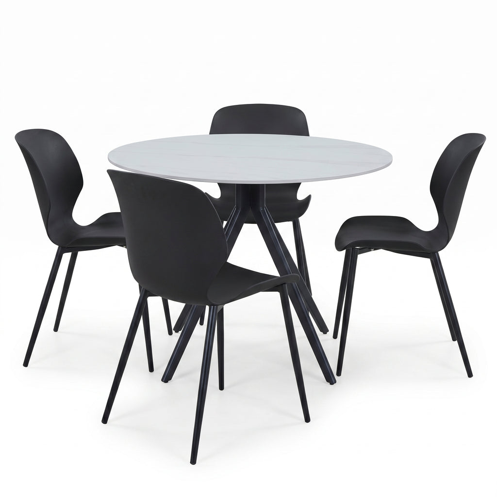 Aspen - Gloss White Sintered Stone Round Table & 4 Carnaby Black Chairs (Self Assembly) (DHD) Image 1