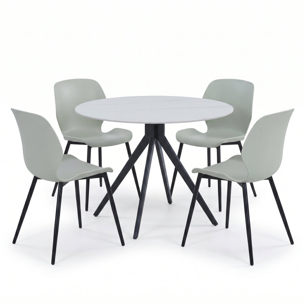 Aspen - Gloss White Sintered Stone Round Table & 4 Carnaby Sage Green Chairs (Self Assembly) (DHD) Image 1