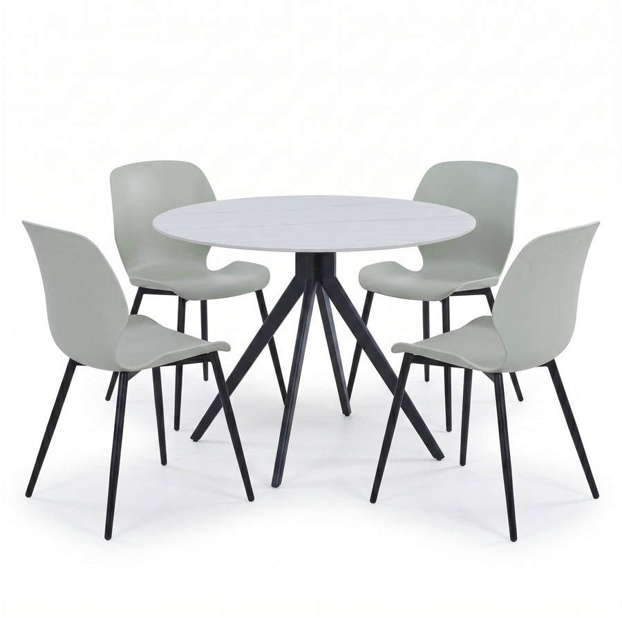 Aspen - Gloss White Sintered Stone Round Table & 4 Carnaby Sage Green Chairs (Self Assembly) (DHD) Image 1