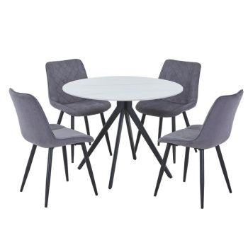 Aspen - Gloss White Sintered Stone Round Table & 4 Diamond Stitch Grey Fabric Chairs (Self Assembly) (DHD) Image 1