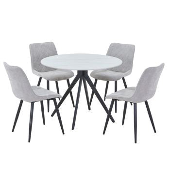 Aspen - Gloss White Sintered Stone Round Table & 4 Diamond Stitch Light Grey Cord Fabric Chairs (Self Assembly) (DHD) Image 1