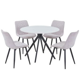 Aspen - Gloss White Sintered Stone Round Table & 4 Diamond Stitch Natural Fabric Chairs (Self Assembly) (DHD) Image 1